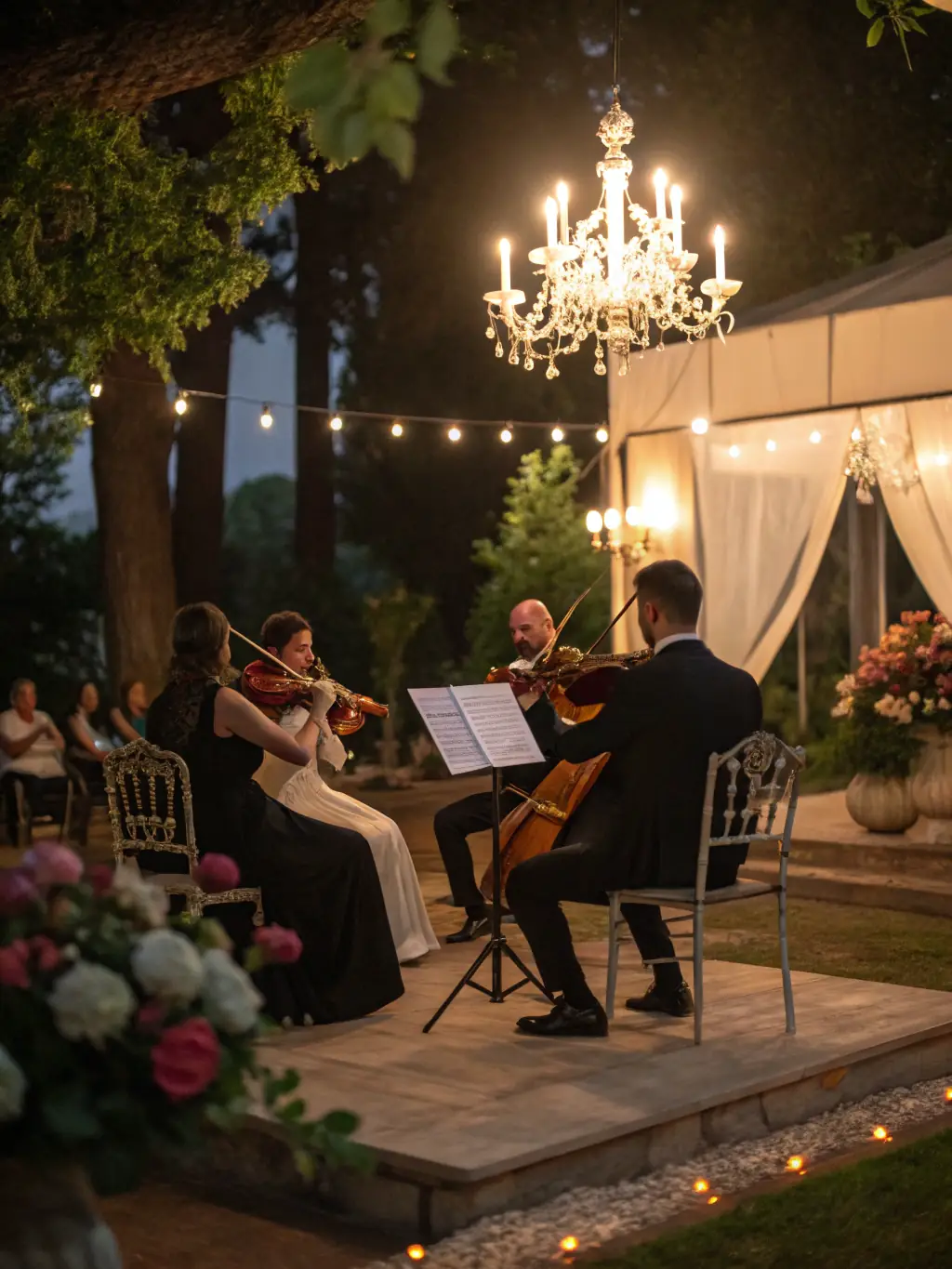 A vibrant photograph of a string quartet performing live on stage at a SUPER RECORDS event, bathed in warm stage lighting, capturing the energy and emotion of the performance.