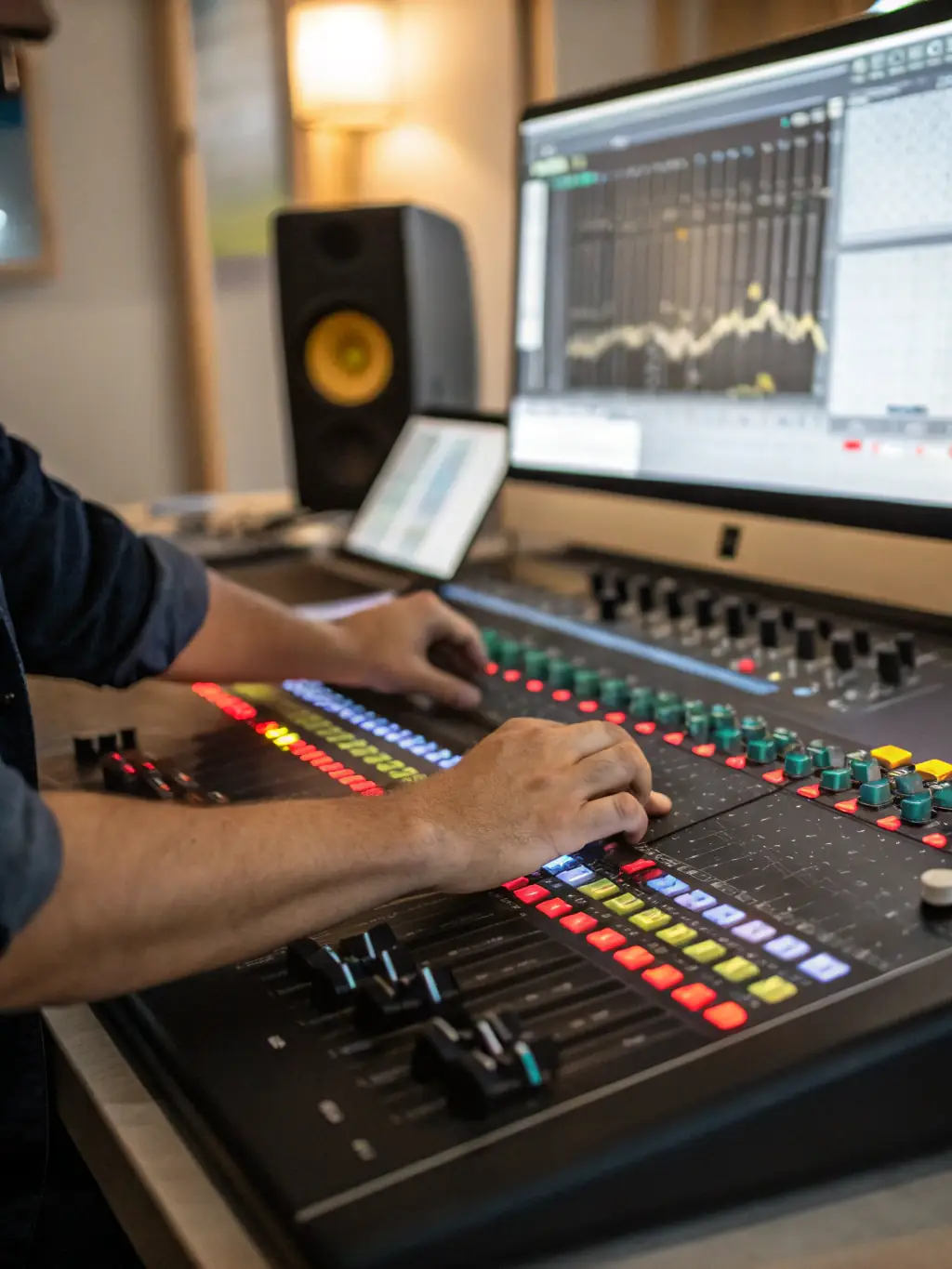 A close-up image of a sound engineer working at a mixing console during a SUPER RECORDS recording session, highlighting the technical aspects of music production.