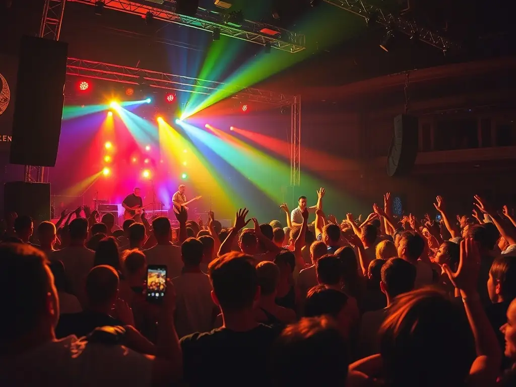 A vibrant photo of a live concert with an enthusiastic audience and stage lighting, capturing the energy and excitement of a SUPER RECORDS live performance.