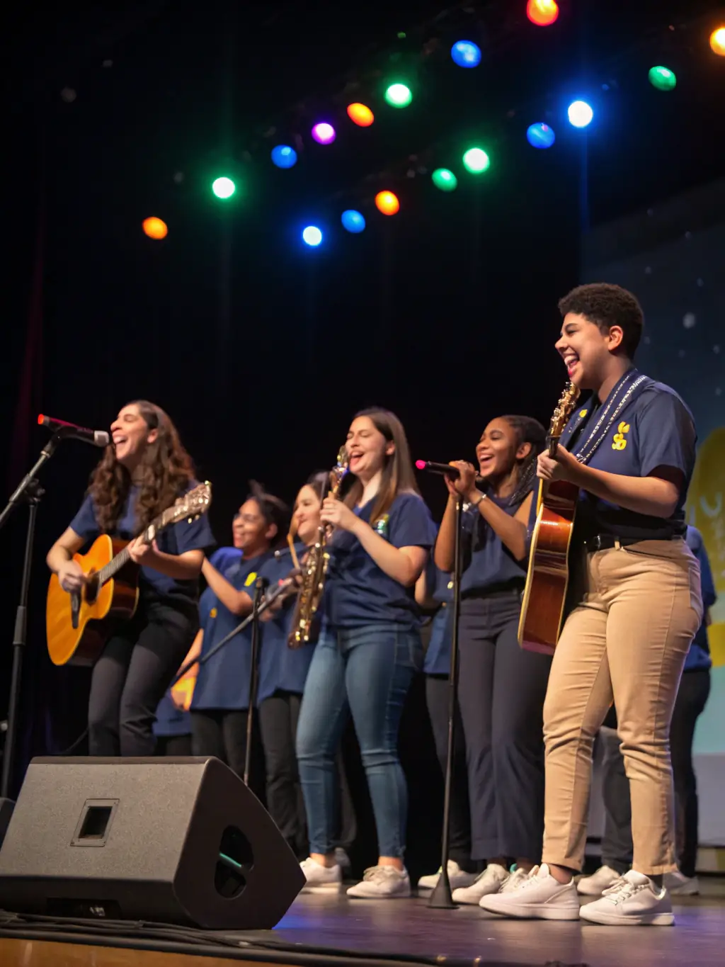 A vibrant photograph capturing a youth orchestra performing on stage, showcasing the energy and passion of young musicians involved in SUPER RECORDS' youth development program.