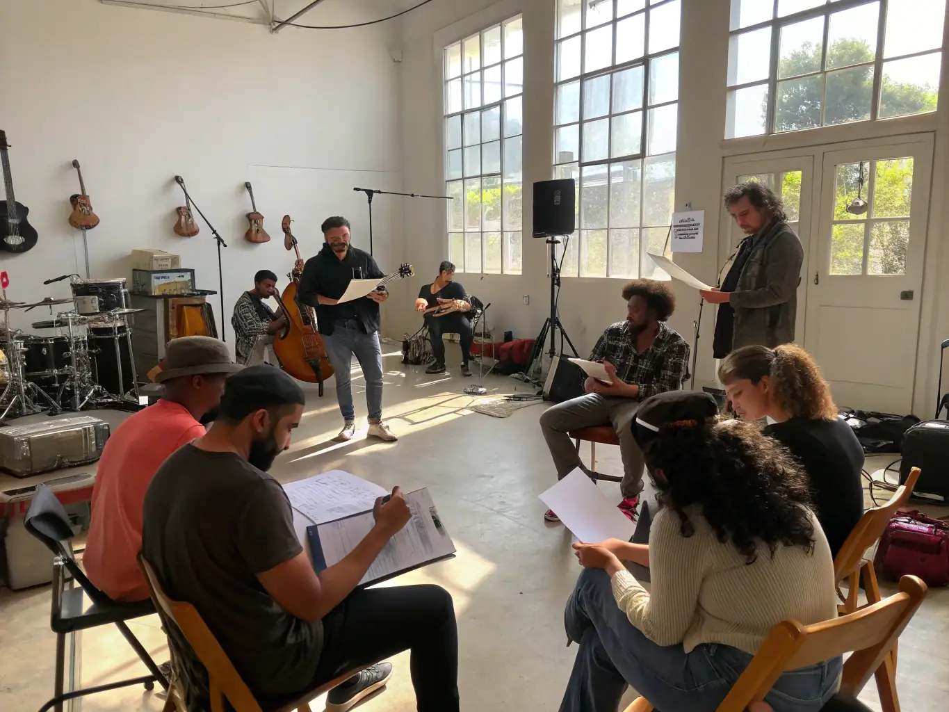 A workshop scene with artists receiving mentorship and training, highlighting SUPER RECORDS' commitment to artist and technician development.