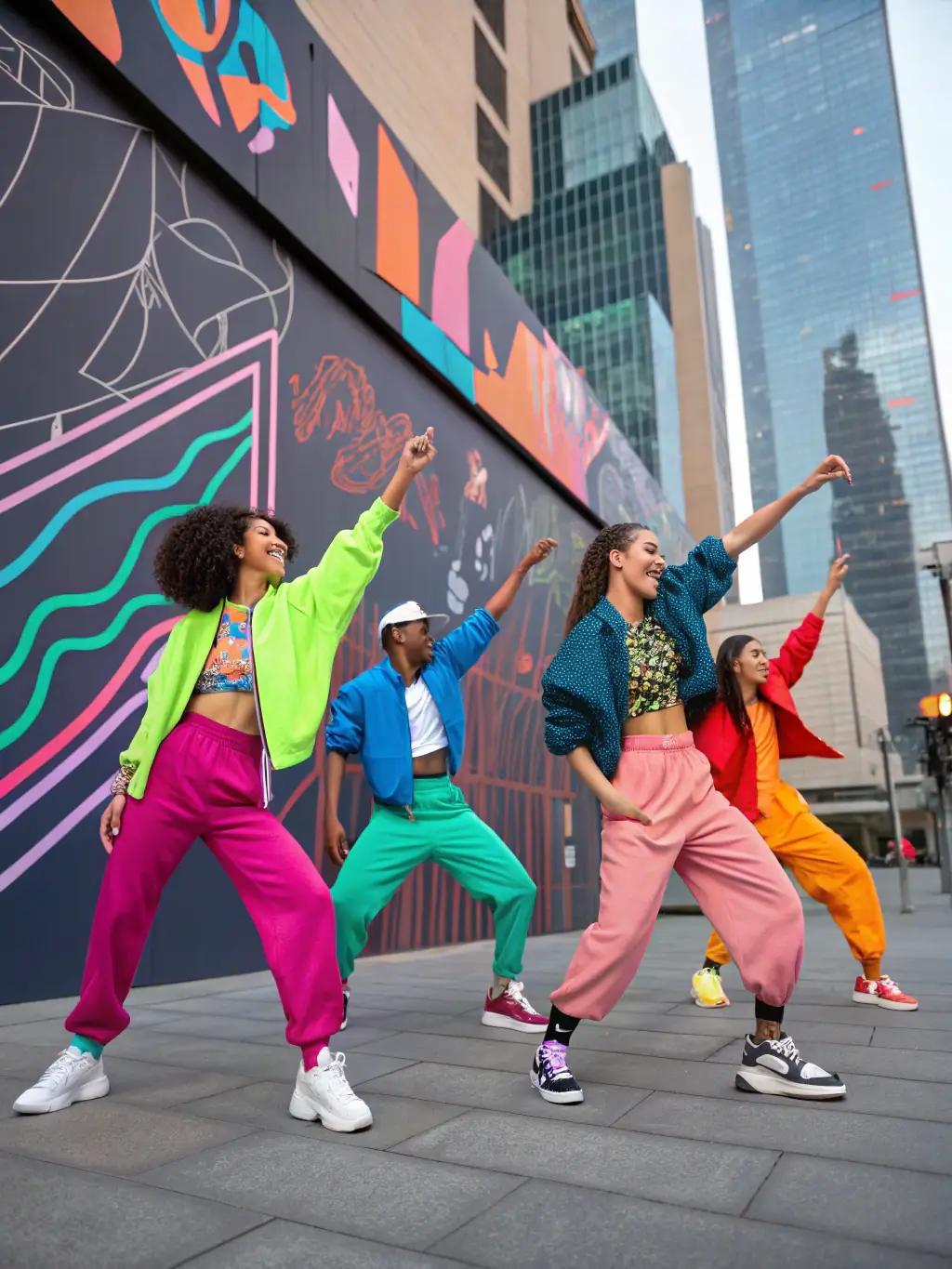A dynamic image of a diverse group of young people participating in a hip-hop dance workshop at a SUPER RECORDS community outreach program.