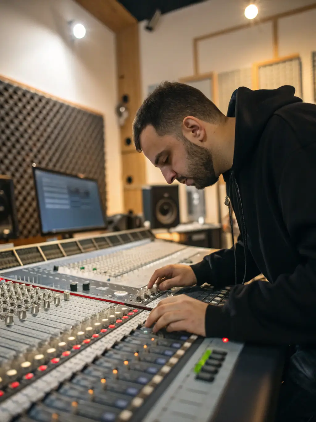 A workshop session with experienced technicians mentoring aspiring sound engineers, demonstrating SUPER RECORDS' dedication to artist and technician development.