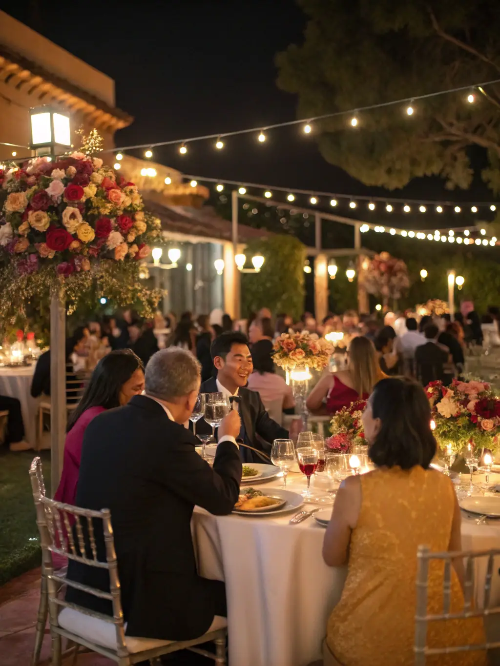 A photograph of a fundraising gala organized by SUPER RECORDS, featuring attendees dressed in formal attire and enjoying a live jazz performance.