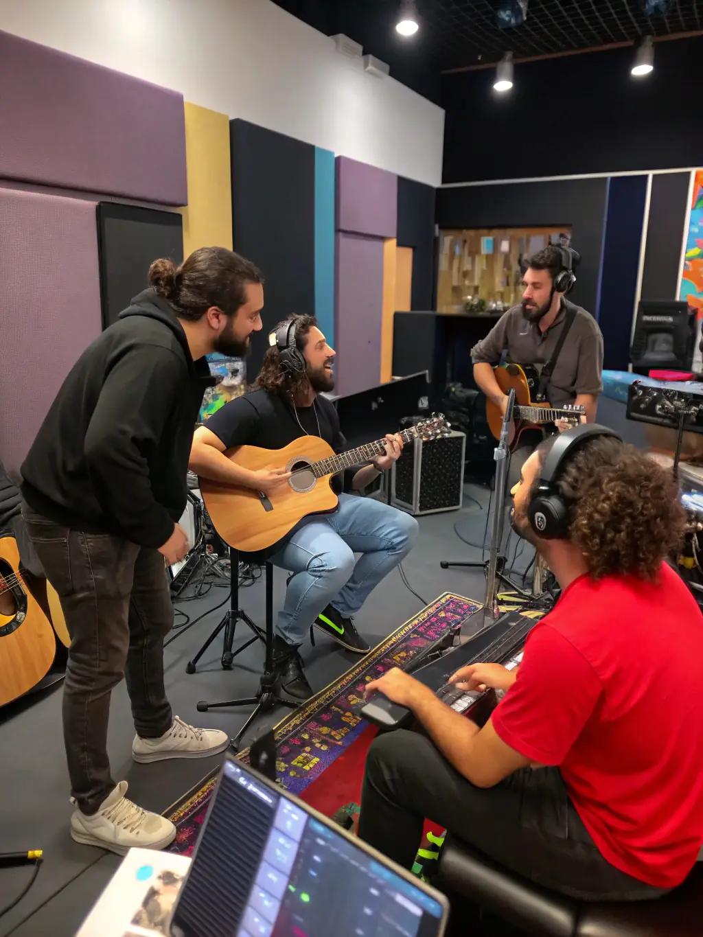 A diverse group of artists collaborating in a recording studio, reflecting SUPER RECORDS' commitment to supporting emerging talent and producing high-quality musical recordings.