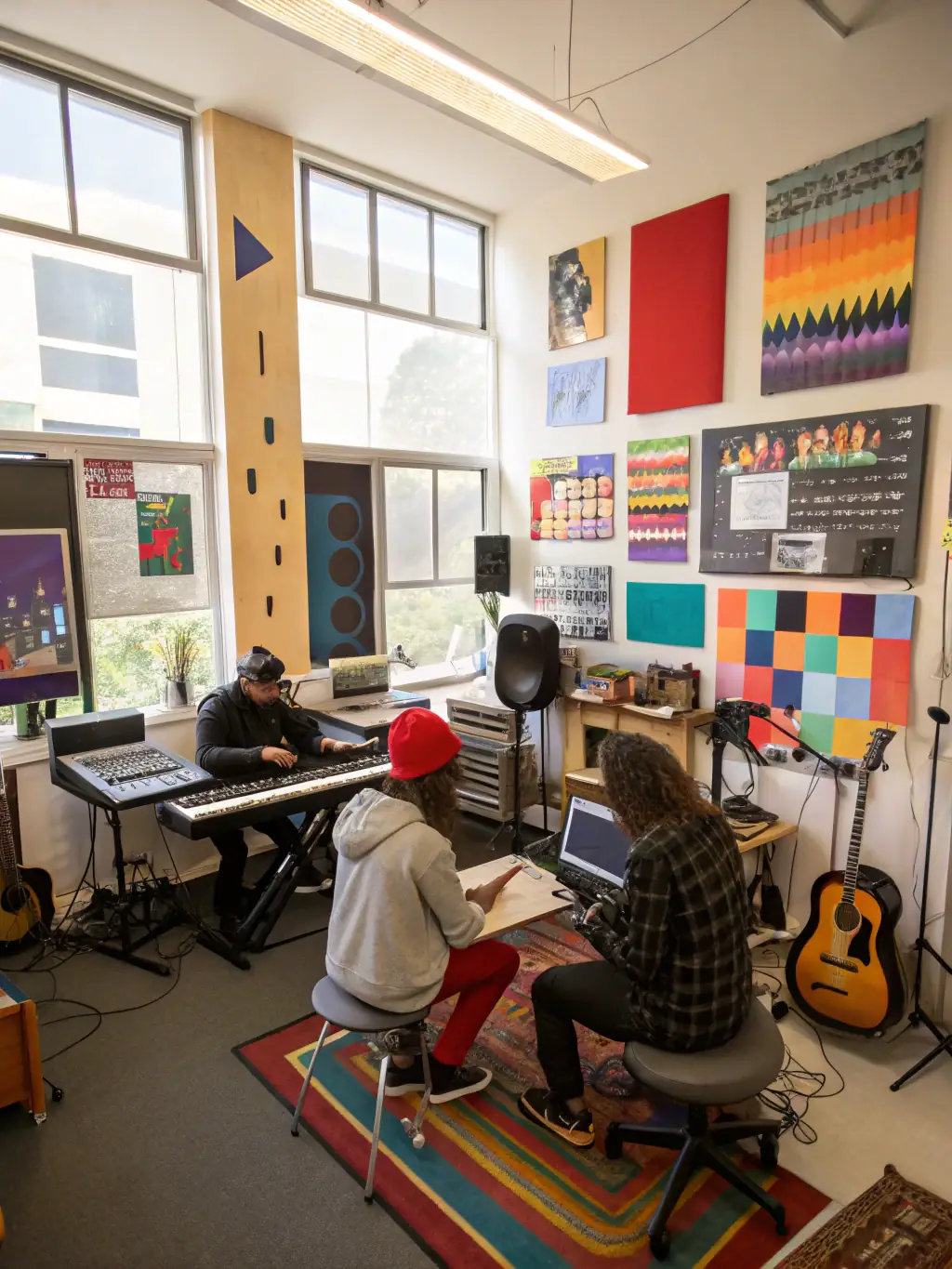 A photograph capturing a community workshop organized by SUPER RECORDS, where participants are actively engaged in learning about music production.