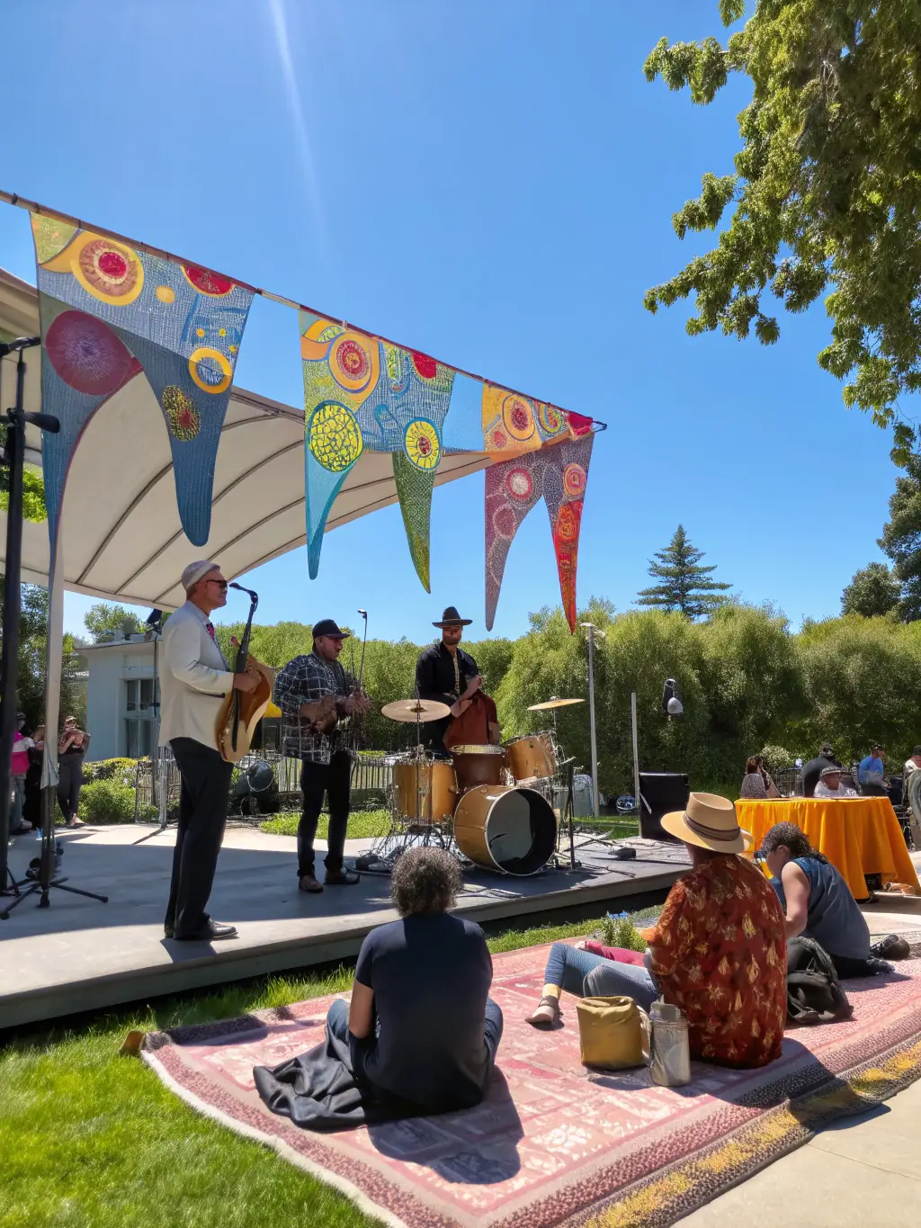A captivating shot of a jazz ensemble performing outdoors at a SUPER RECORDS-sponsored summer concert series, with a diverse audience enjoying the music.